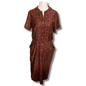 SEARS Vintage dark red blue green paisley print short-sleeve dress SMALL MEDIUM